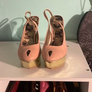Blush heels with gold platform and heel